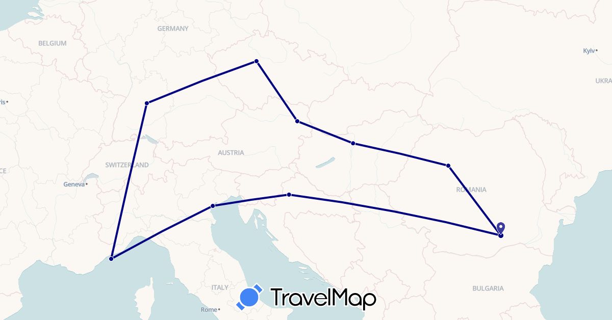 TravelMap itinerary: driving in Austria, Czech Republic, Germany, Croatia, Hungary, Italy, Monaco, Romania (Europe)